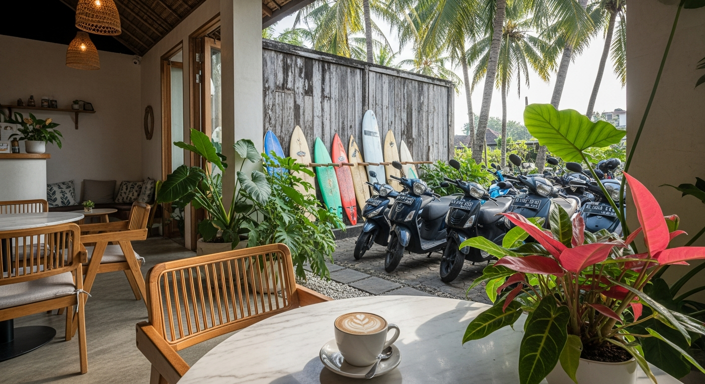 Trendy Canggu cafe with surfboards leaning against a wall and scooters parked outside