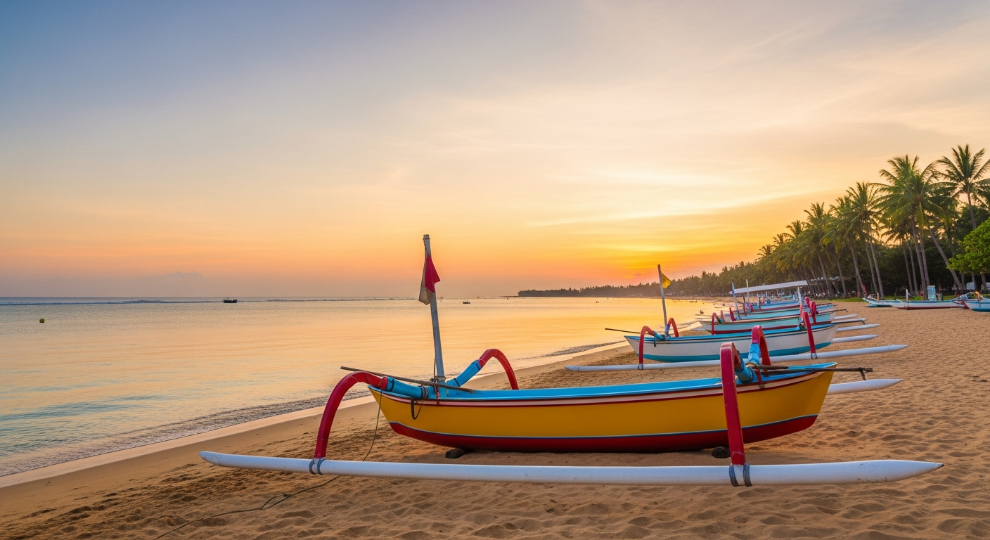 Traditional Balinese jukung outrigger fishing boats on Sanur beach at sunrise