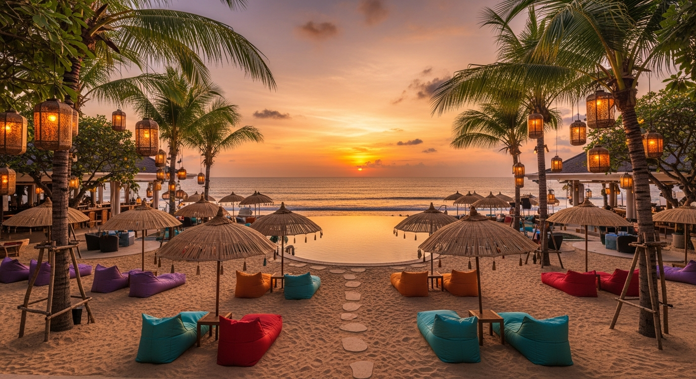 Stylish Seminyak beach club with infinity pool, beanbags and lanterns at sunset