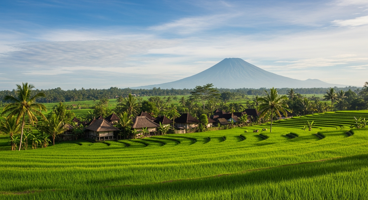 Sidemen valley in East Bali with rice paddies, traditional village and Mount Agung volcano in the background
