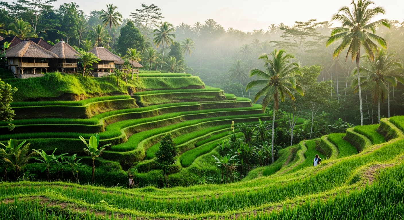 Lush emerald green rice terraces in Ubud Bali with bamboo huts and palm trees