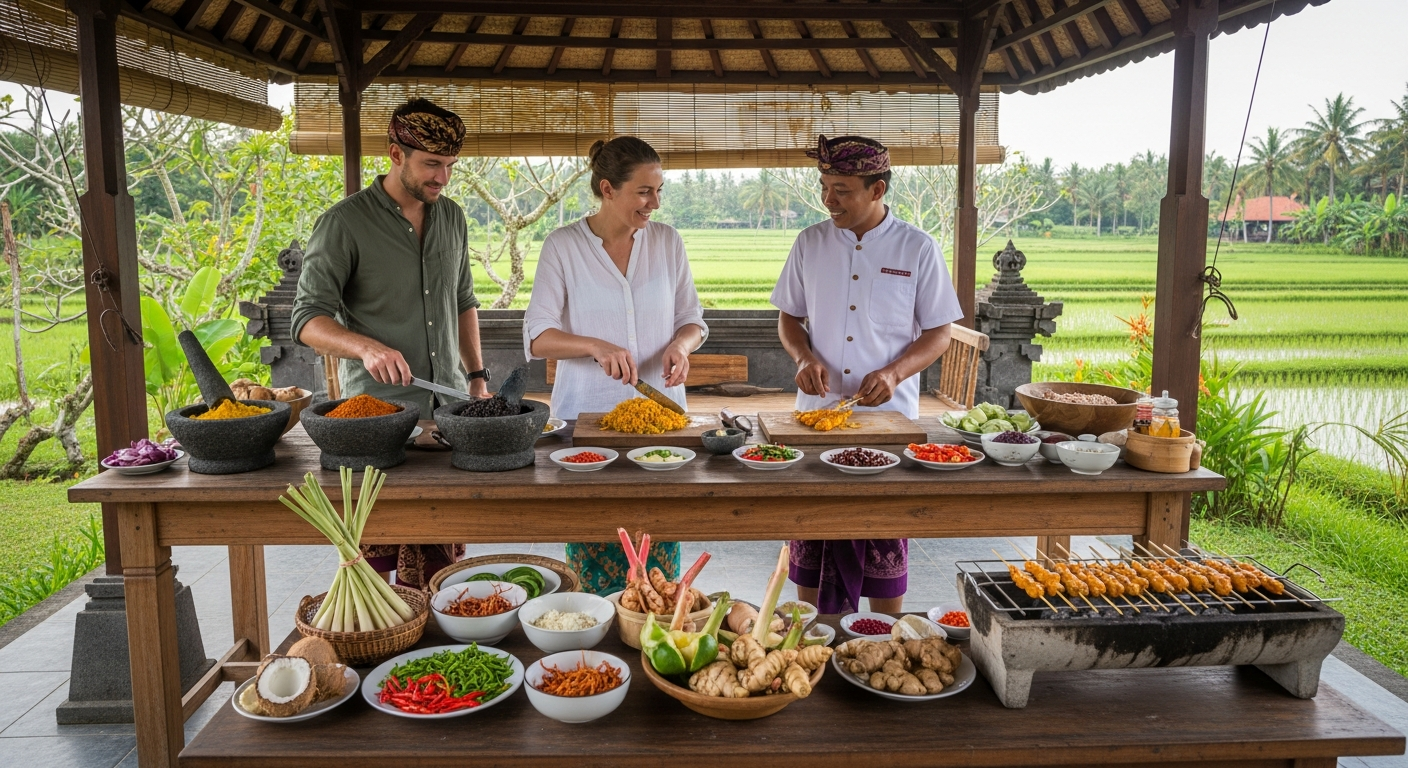 Balinese cooking class with chef and tourists in a garden pavilion
