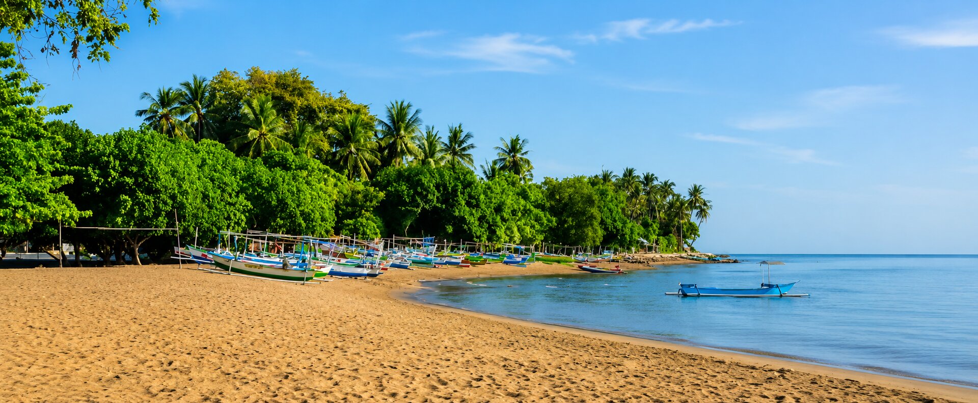 Lovina Beach — calm black-sand bay with traditional fishing boats and palms, north Bali