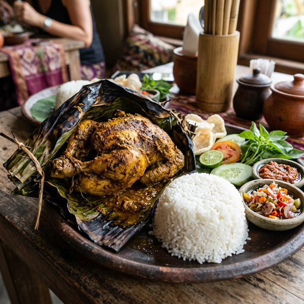 Ayam betutu whole chicken wrapped in banana leaves slow-cooked with Balinese spices