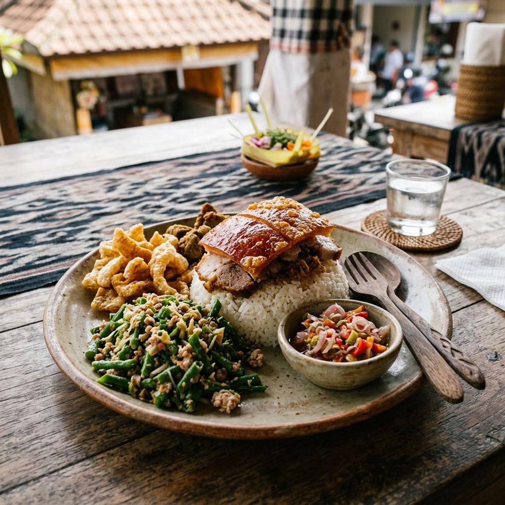 Traditional Balinese babi guling spit-roasted pork served with rice crispy crackling and lawar