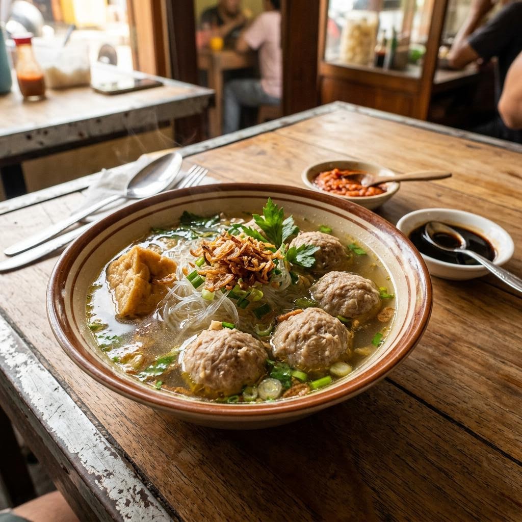 Bakso Indonesian meatball soup with noodles clear broth spring onions and chilli