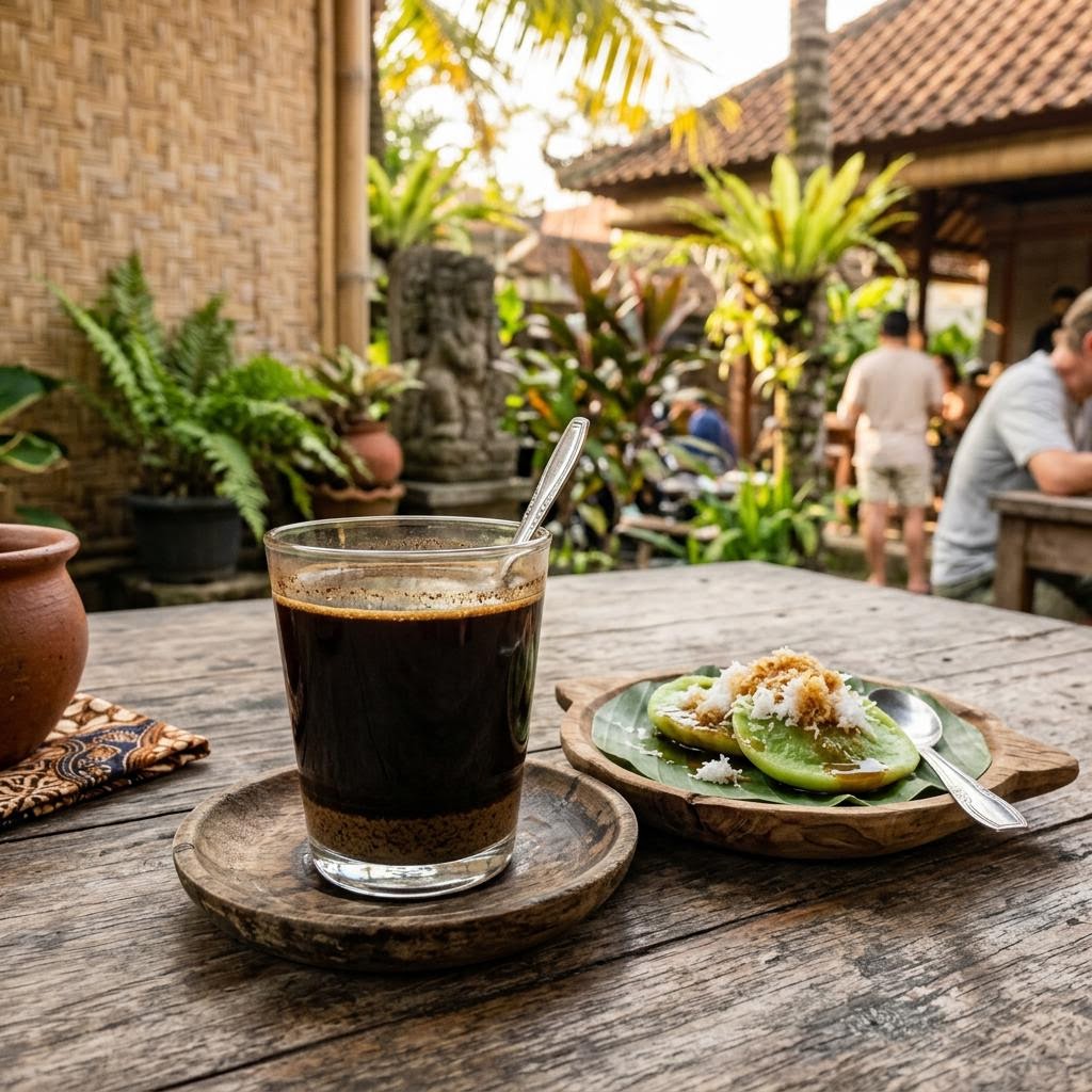 Traditional Balinese kopi tubruk black coffee in glass with coffee grounds settling