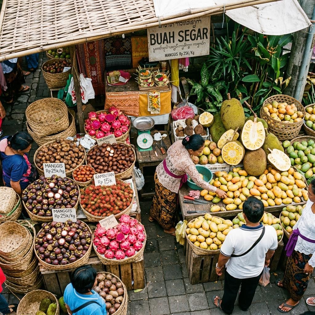 Colourful tropical fruit stall at Balinese market with mangosteen rambutan jackfruit and salak