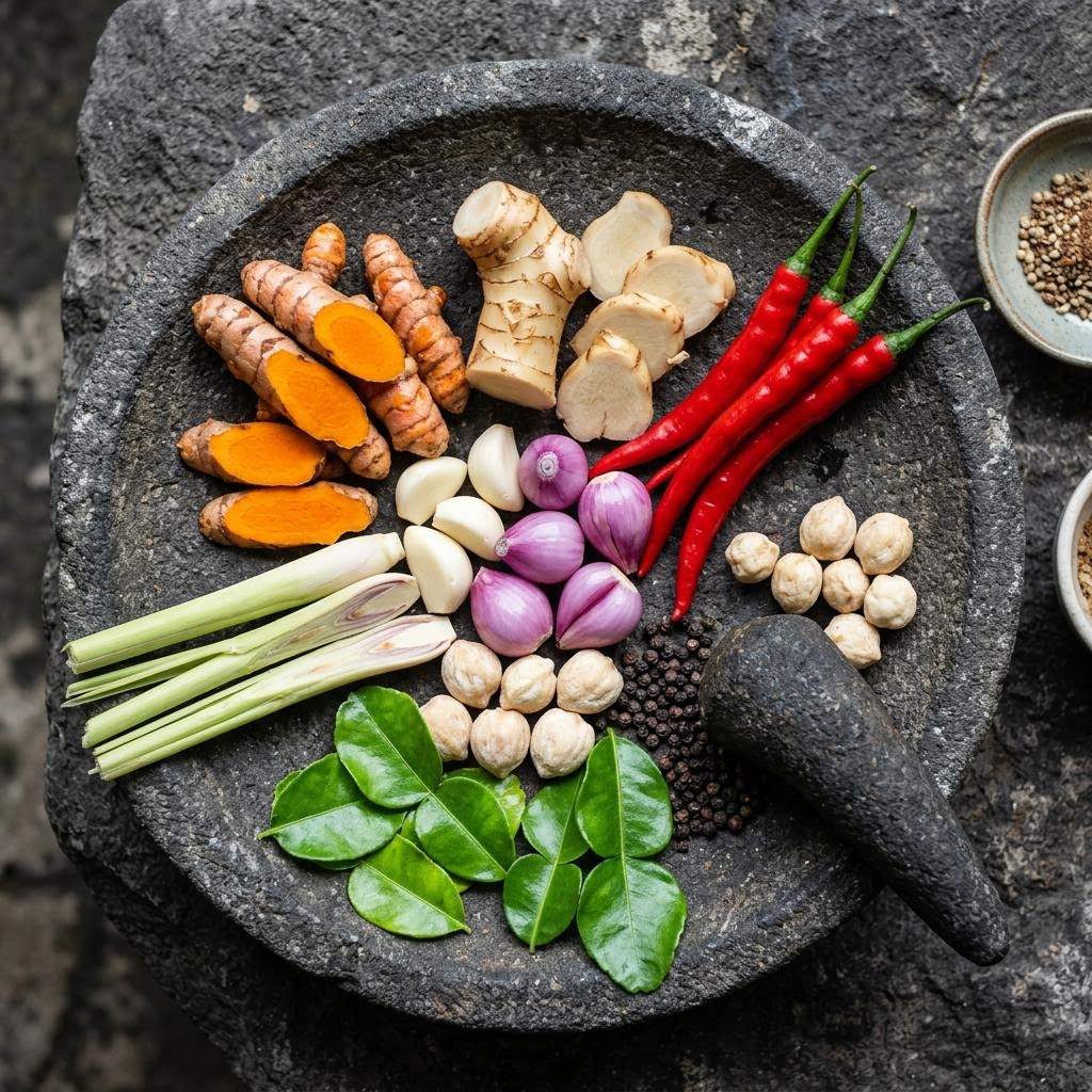Base genep Balinese spice paste ingredients including turmeric shallots galangal and chilli
