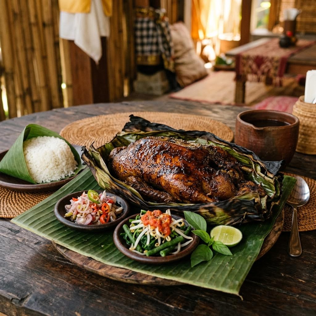 Bebek betutu smoked Balinese duck served with steamed rice and chilli sambal