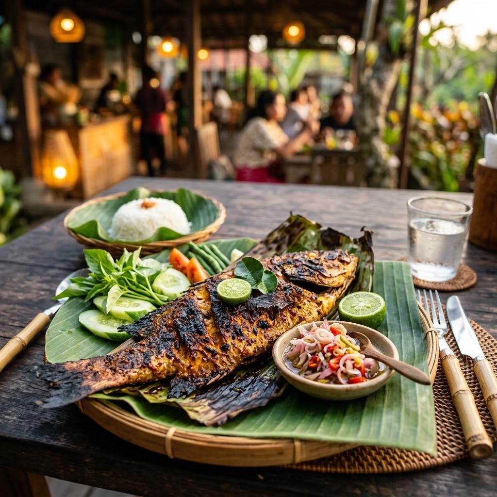Ikan bakar whole grilled snapper with sambal matah and steamed rice on banana leaf