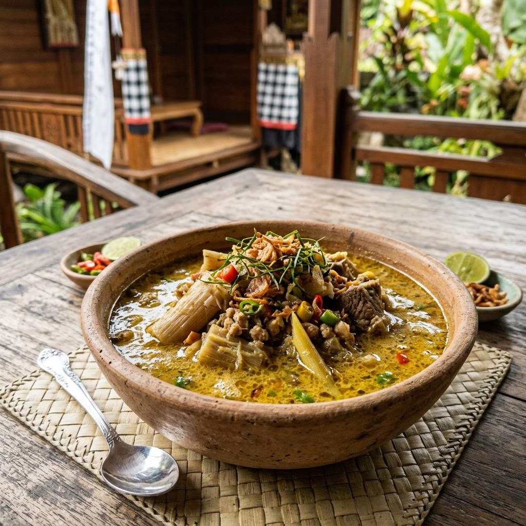 Jukut ares traditional Balinese banana trunk soup with spiced coconut milk broth