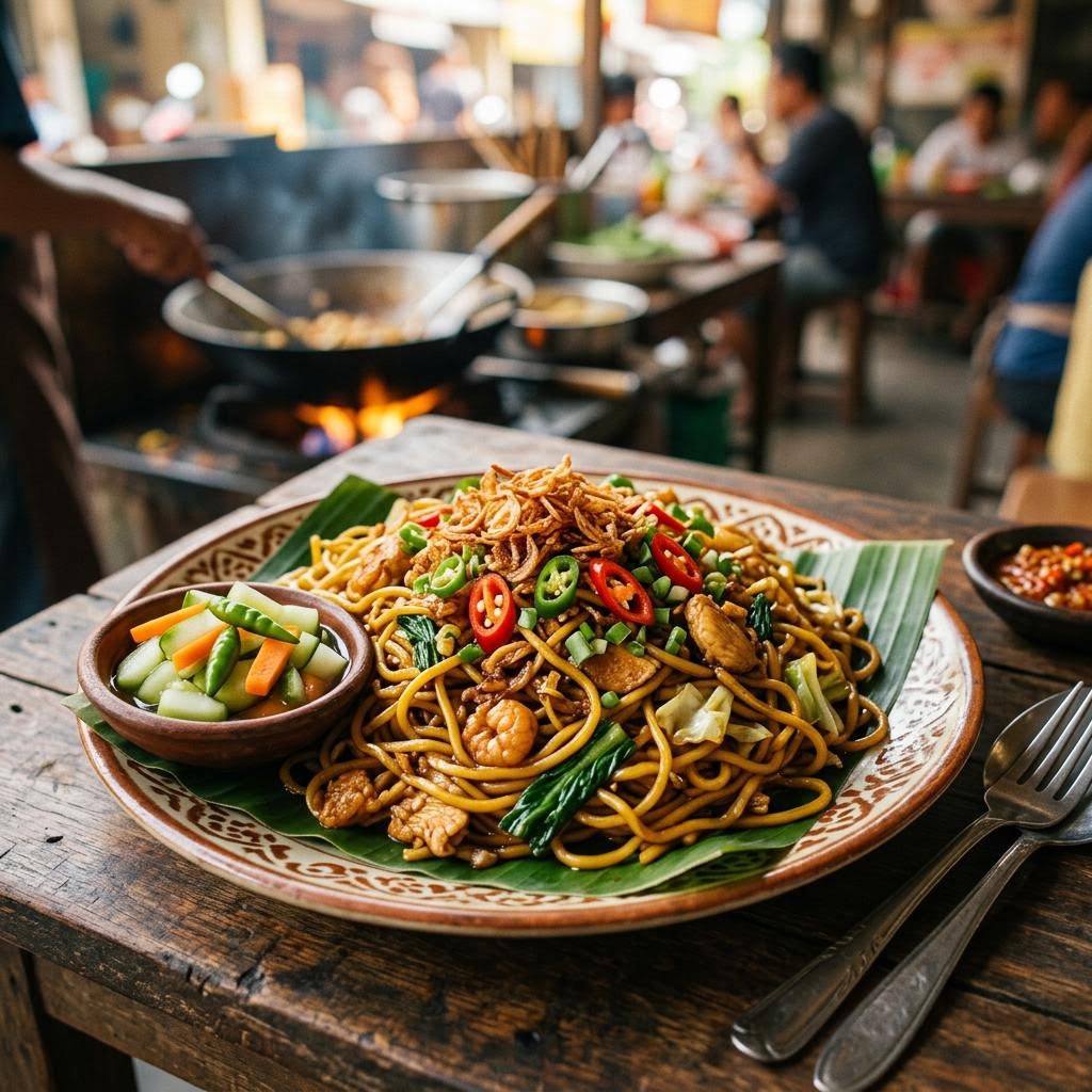 Mie goreng Indonesian fried noodles with vegetables egg and chilli sauce