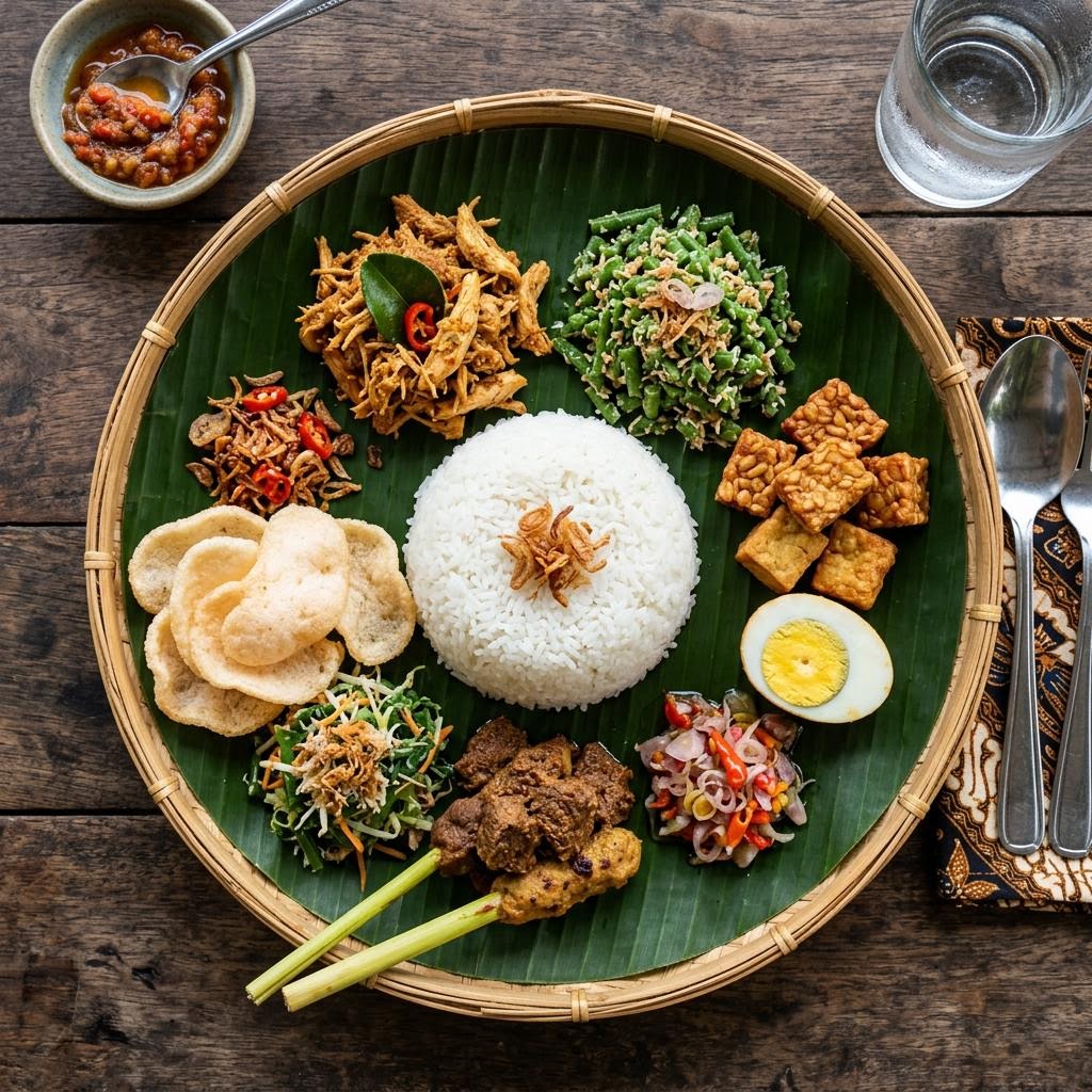 Nasi campur Balinese mixed rice plate with small portions of multiple dishes surrounding steamed rice