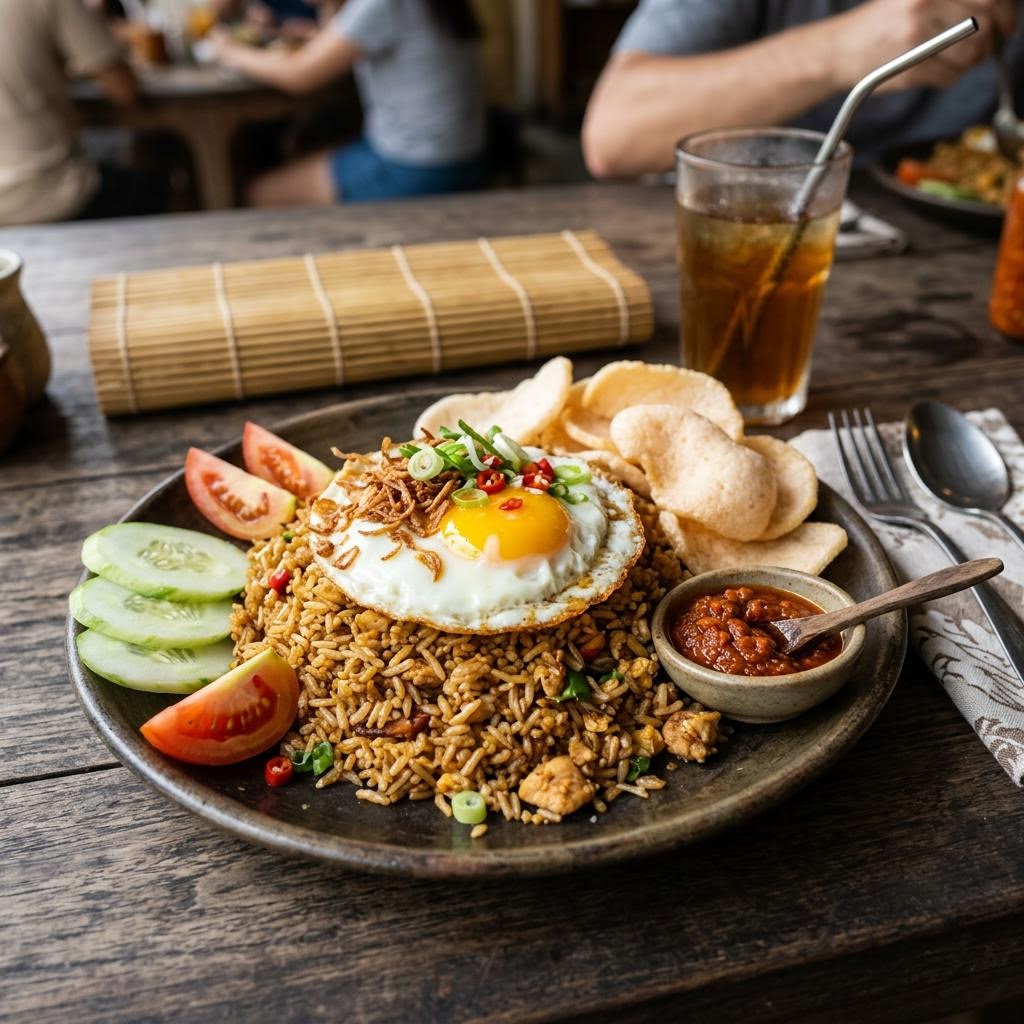 Nasi goreng Indonesian fried rice topped with fried egg prawn crackers and sambal