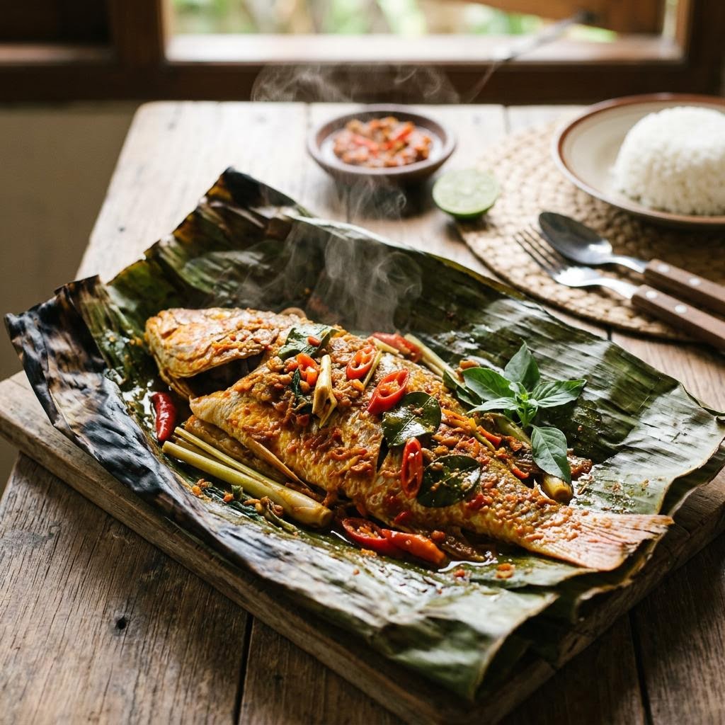 Pepes ikan banana leaf parcel filled with spiced fish opened to reveal fragrant steam