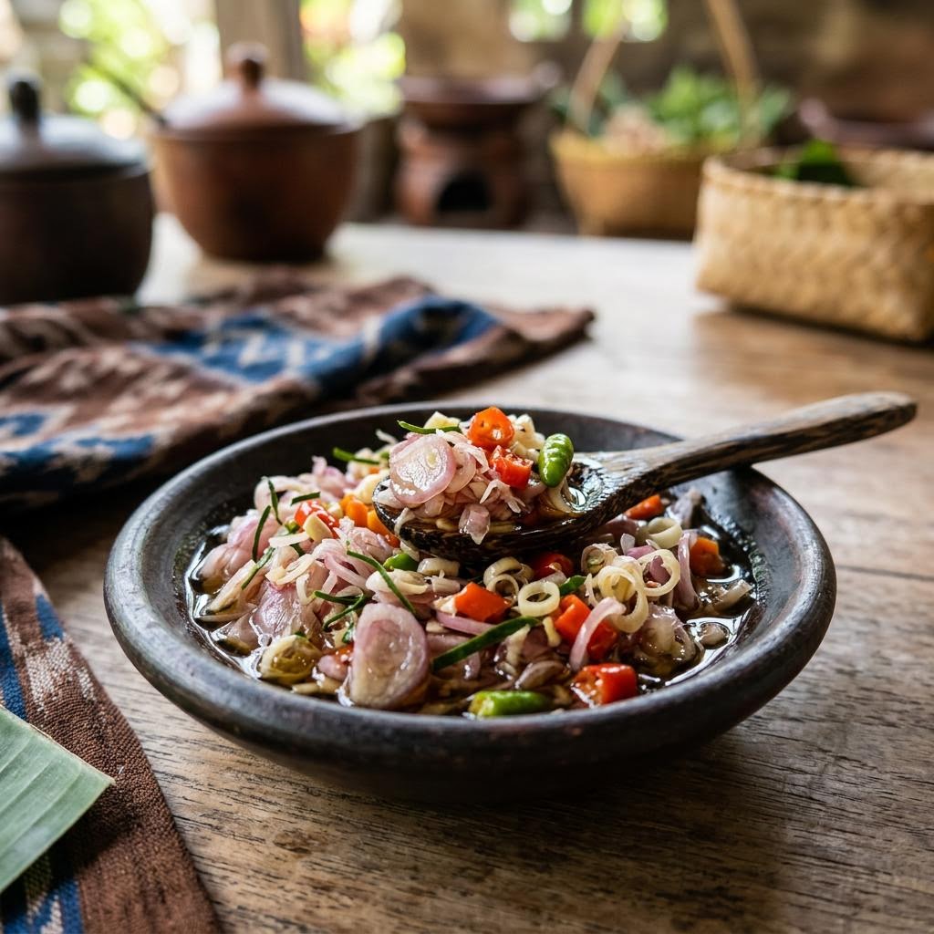 Sambal matah Balinese raw shallot lemongrass and chilli condiment in small bowl