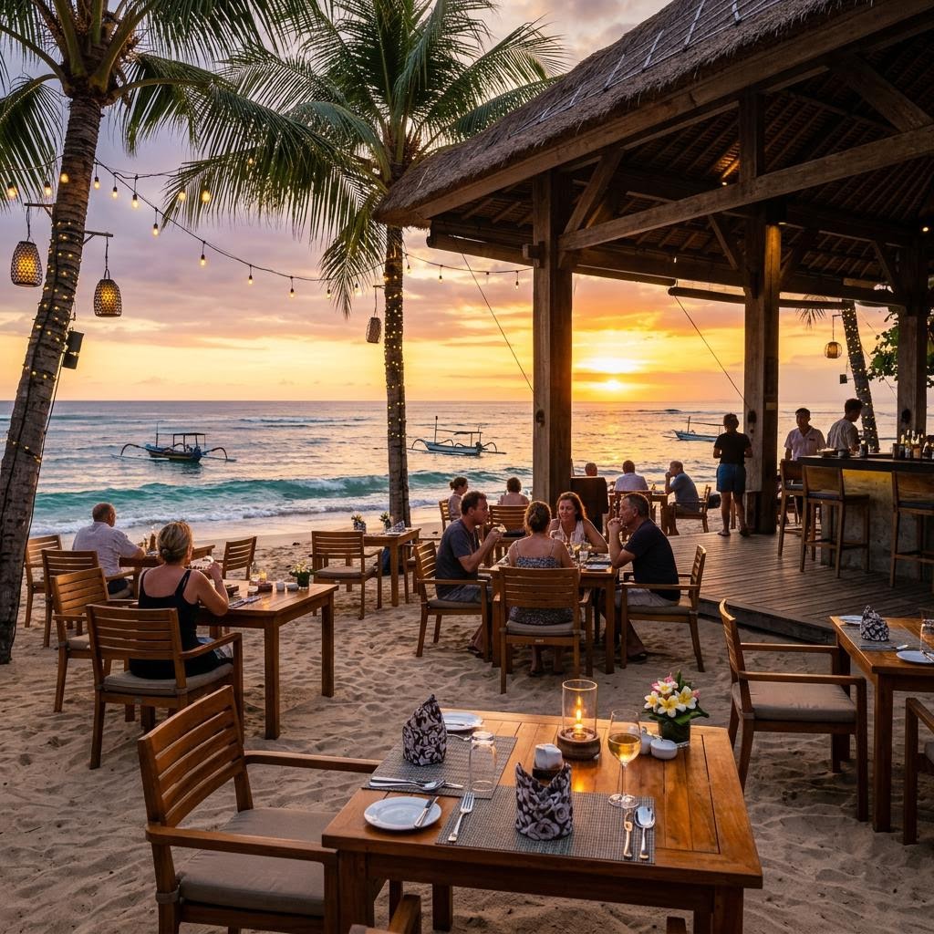 Sanur beachfront restaurant with tables on the sand and calm blue ocean views at sunset