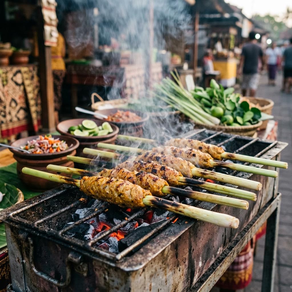 Sate lilit minced fish satay wrapped around lemongrass skewers grilling over charcoal