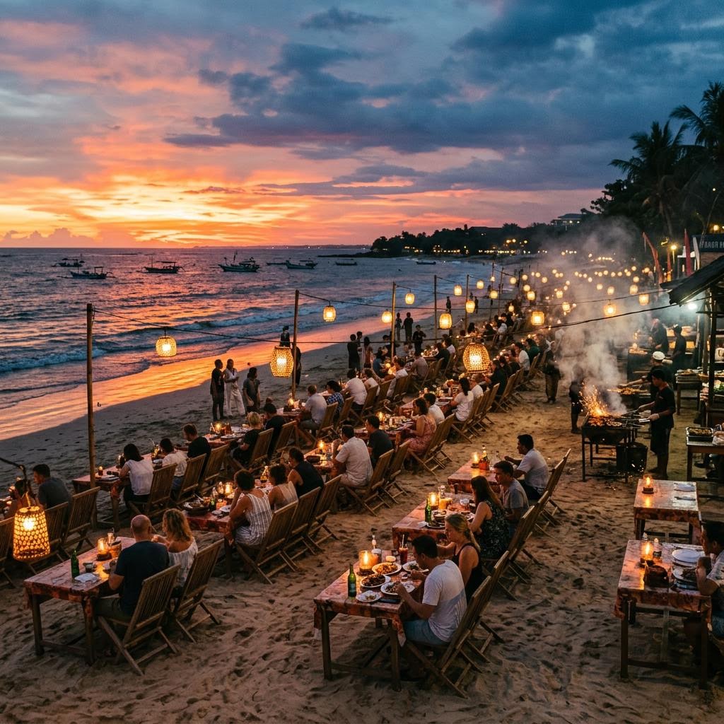 Jimbaran beach seafood barbecue tables on the sand at sunset with grilled fish and prawns