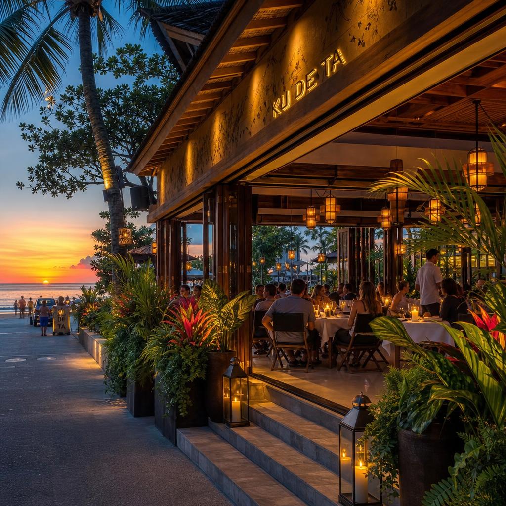 Seminyak Bali dining street with upscale restaurants cafés and beach club entrance