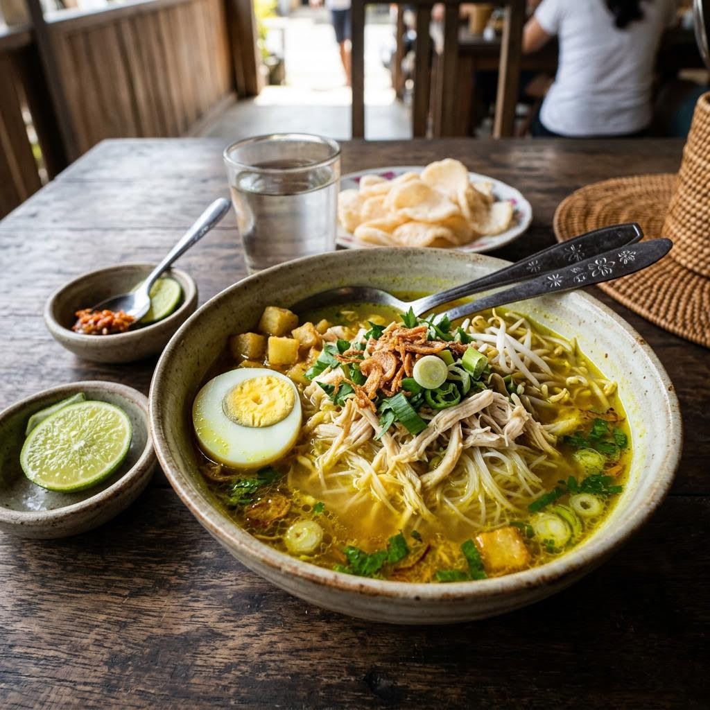 Soto ayam Indonesian turmeric chicken soup with rice noodles egg and crispy shallots