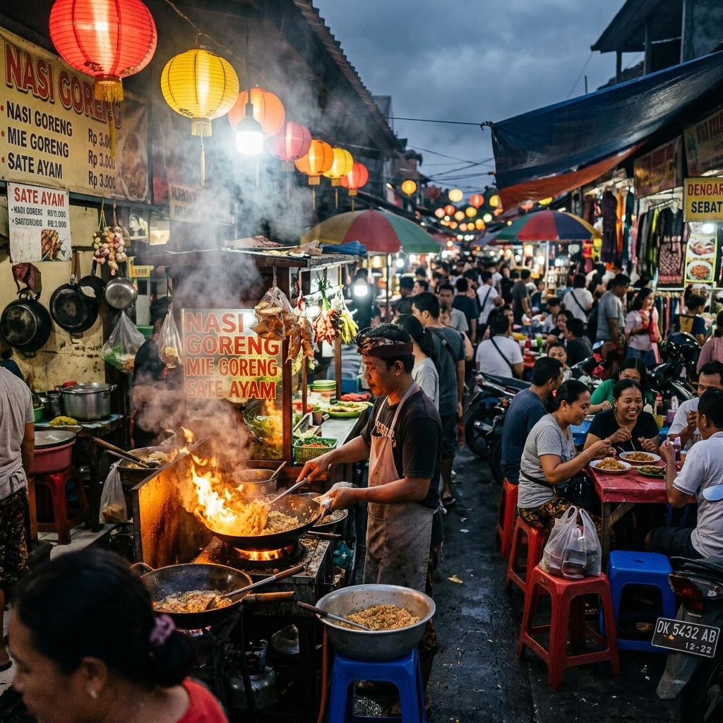 Busy Balinese street food market at night with vendors selling nasi goreng and local snacks