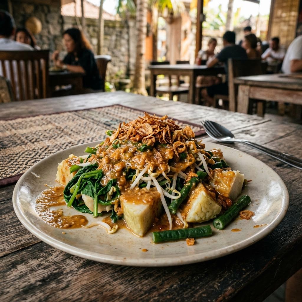 Tipat cantok Balinese rice cake salad with peanut sauce vegetables and crackers