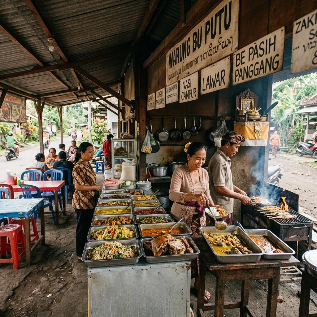 Traditional Balinese warung family restaurant with simple wooden tables and local food displayed