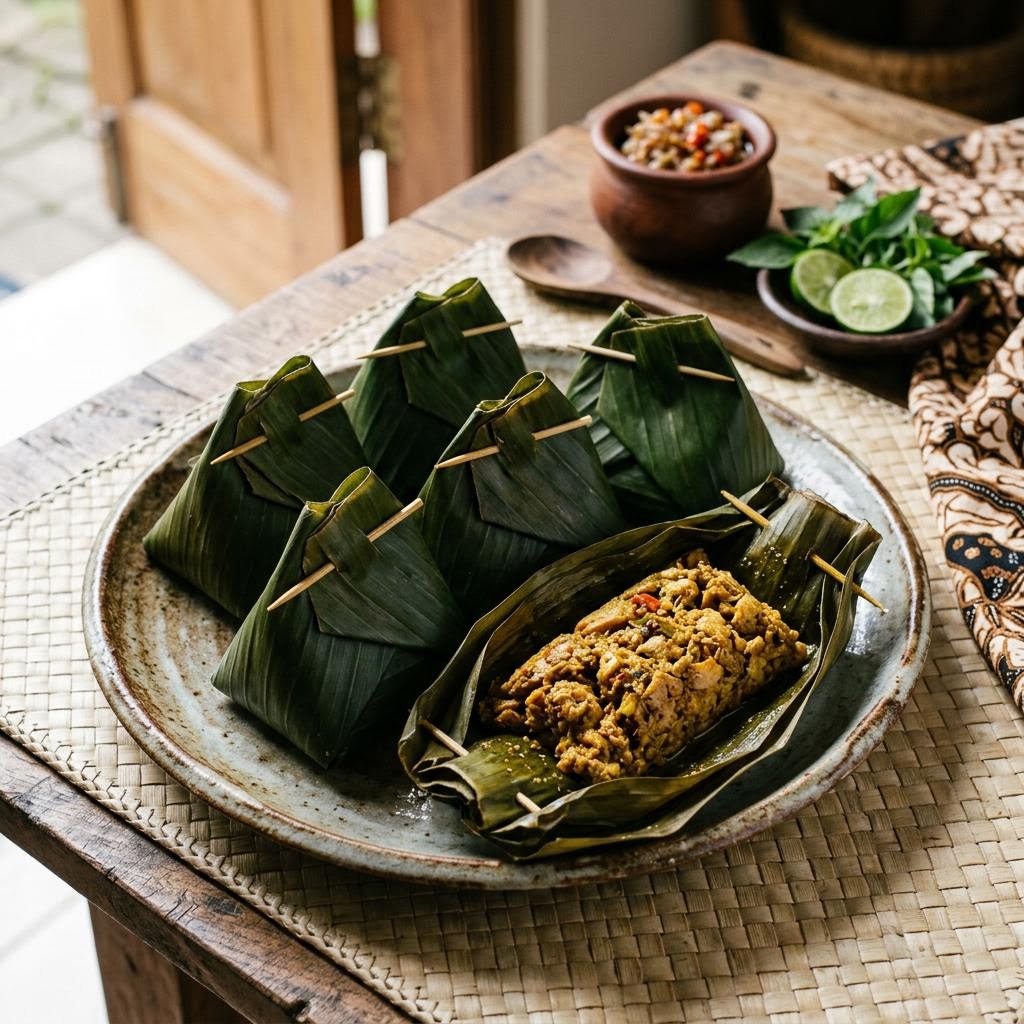 Tum ayam Balinese steamed spiced chicken parcels wrapped in banana leaves