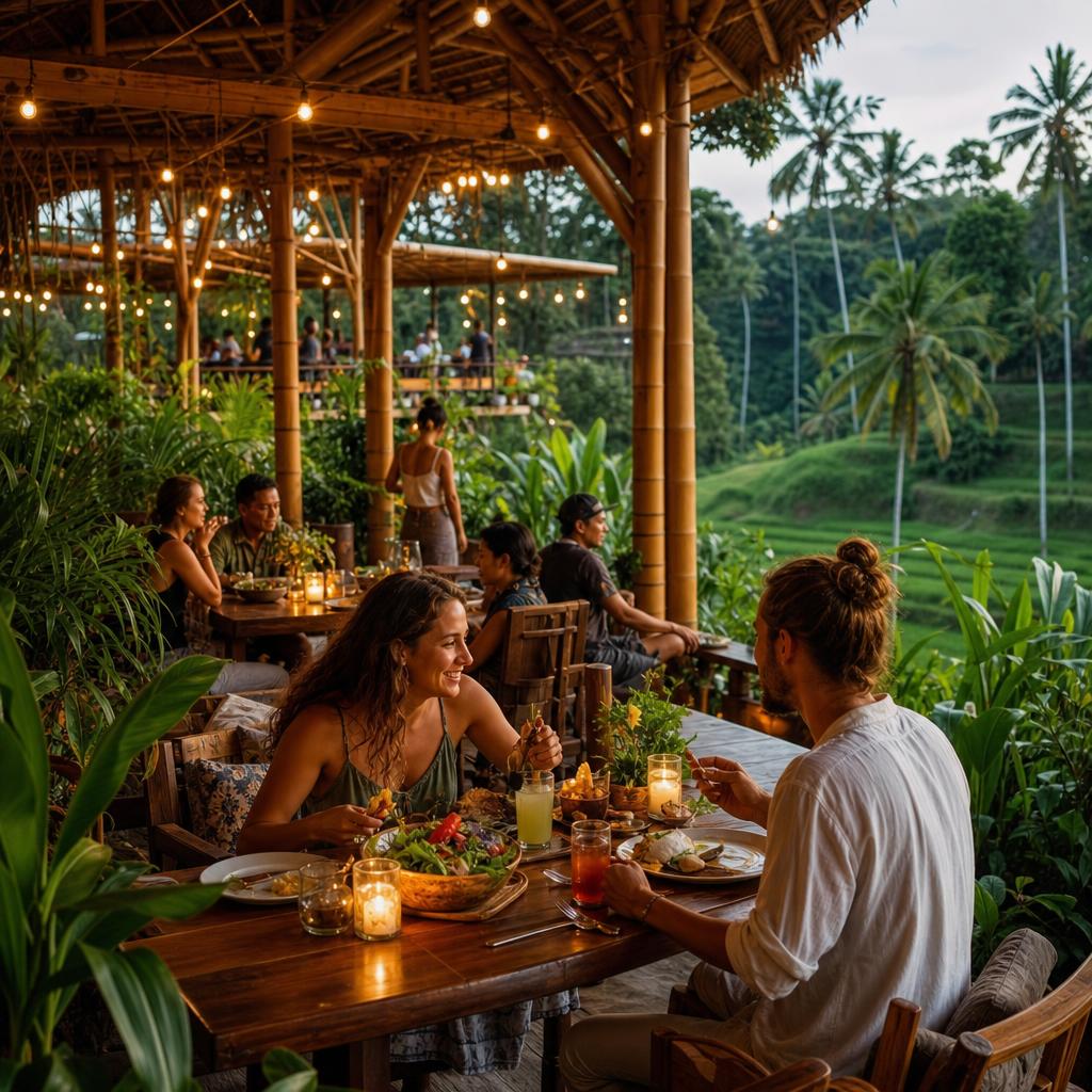 Ubud Bali town centre with traditional food warungs and cafés surrounded by tropical greenery