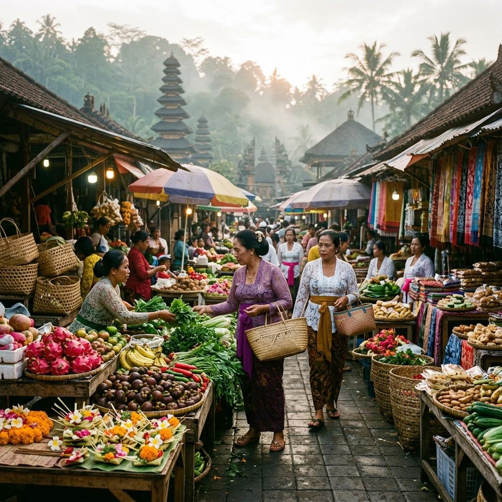 Ubud traditional food market with vendors selling fresh vegetables spices and local snacks at dawn