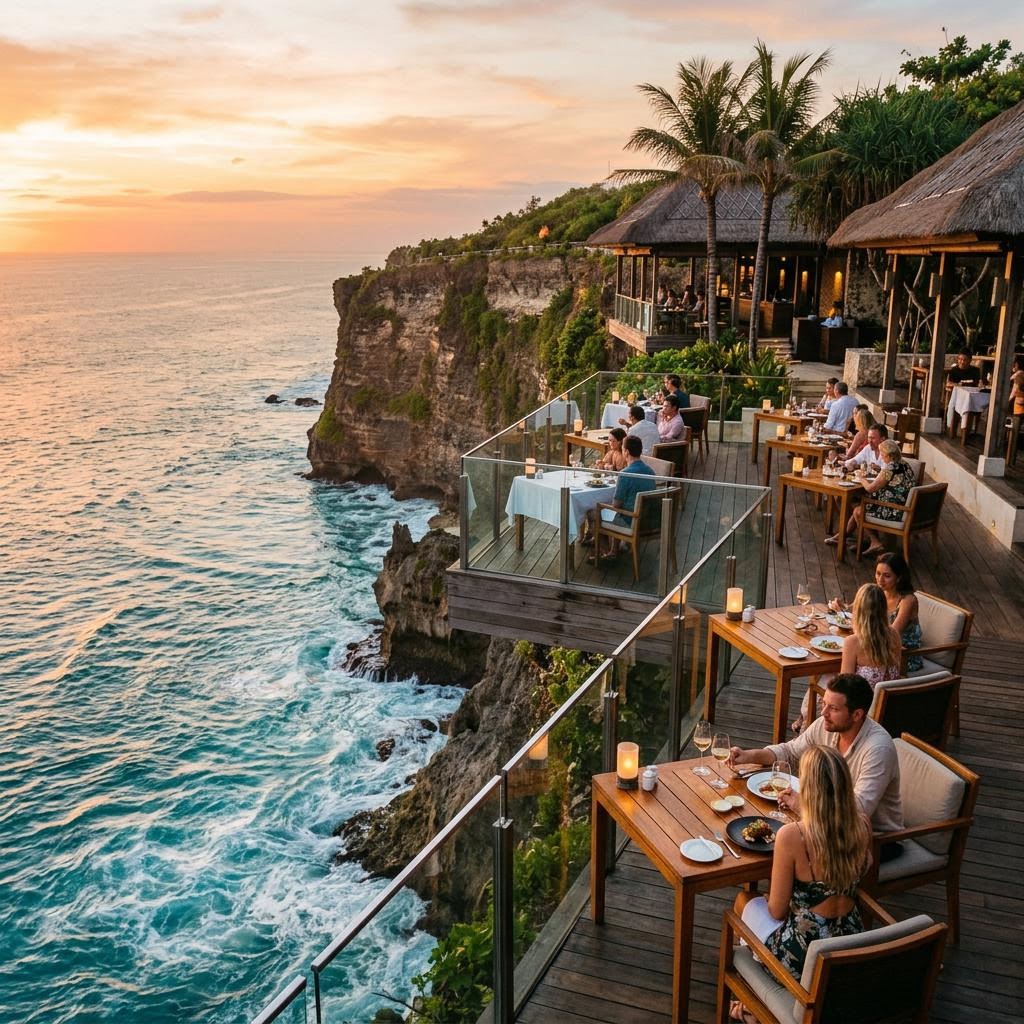 Uluwatu cliff-edge restaurant with panoramic Indian Ocean views and open-air dining